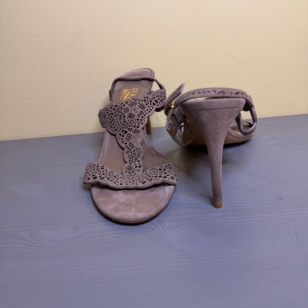 Salvatore Ferragamo tan sueded 4" heel laser cut sandals, size 10B